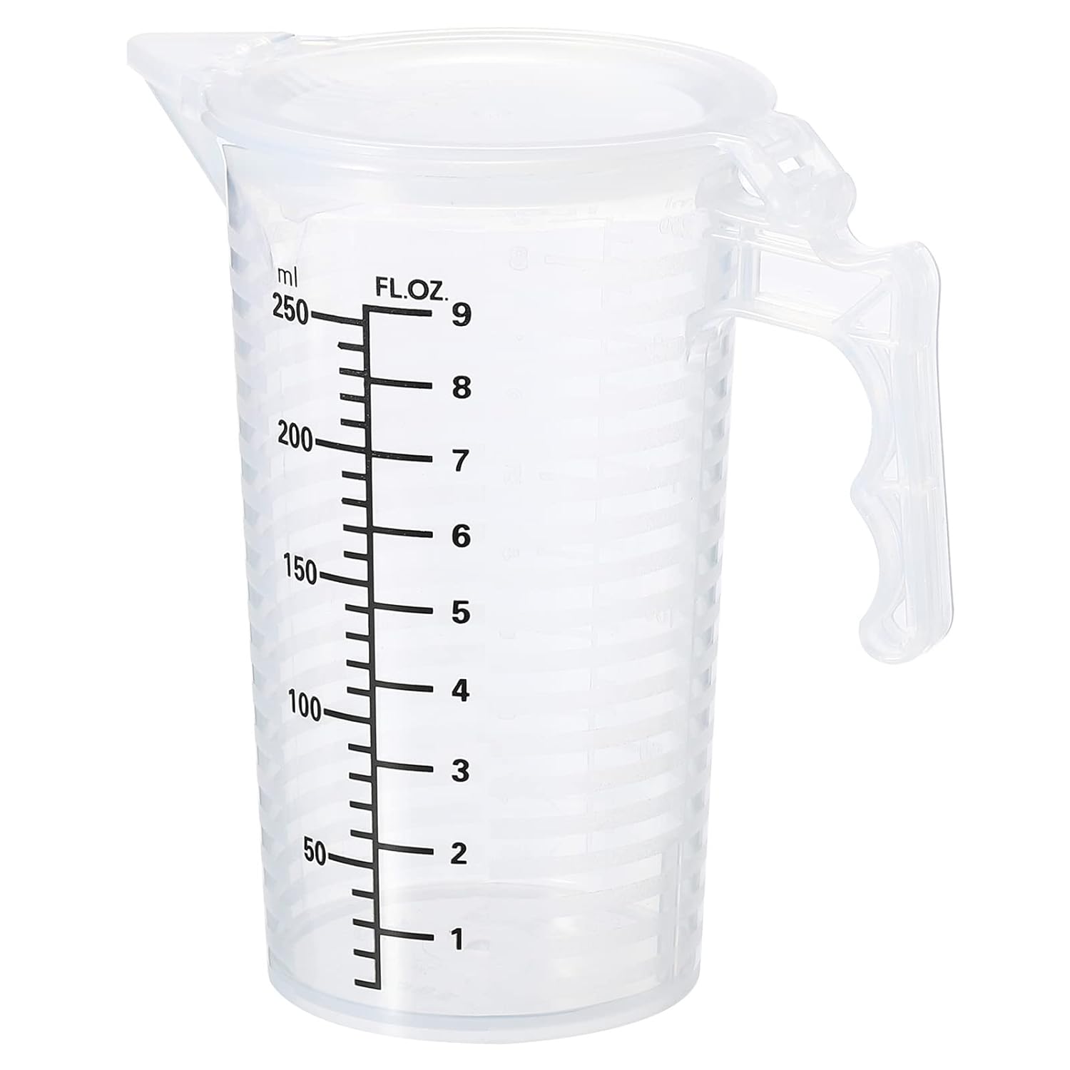 Graduated Beaker, 250ml PP Plastic Liquid Measuring Cup Double Sided Black Graduations with Handle Lid and Spout for Lab Kitchen Home