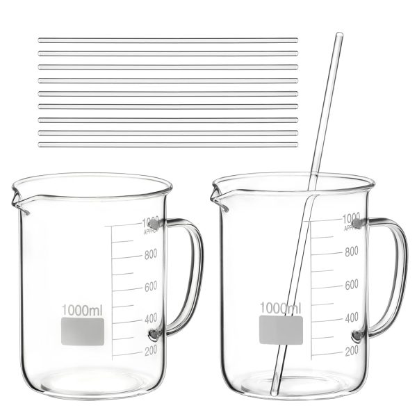 2 Pack 1000ml Borosilicate Glass Beaker with Handle, & 10 Pcs 12" Science Glass Stir Rods, High Temp & Chemical Resistant, Smooth Ends, Precise Scale, for Laboratory and Chemical Use