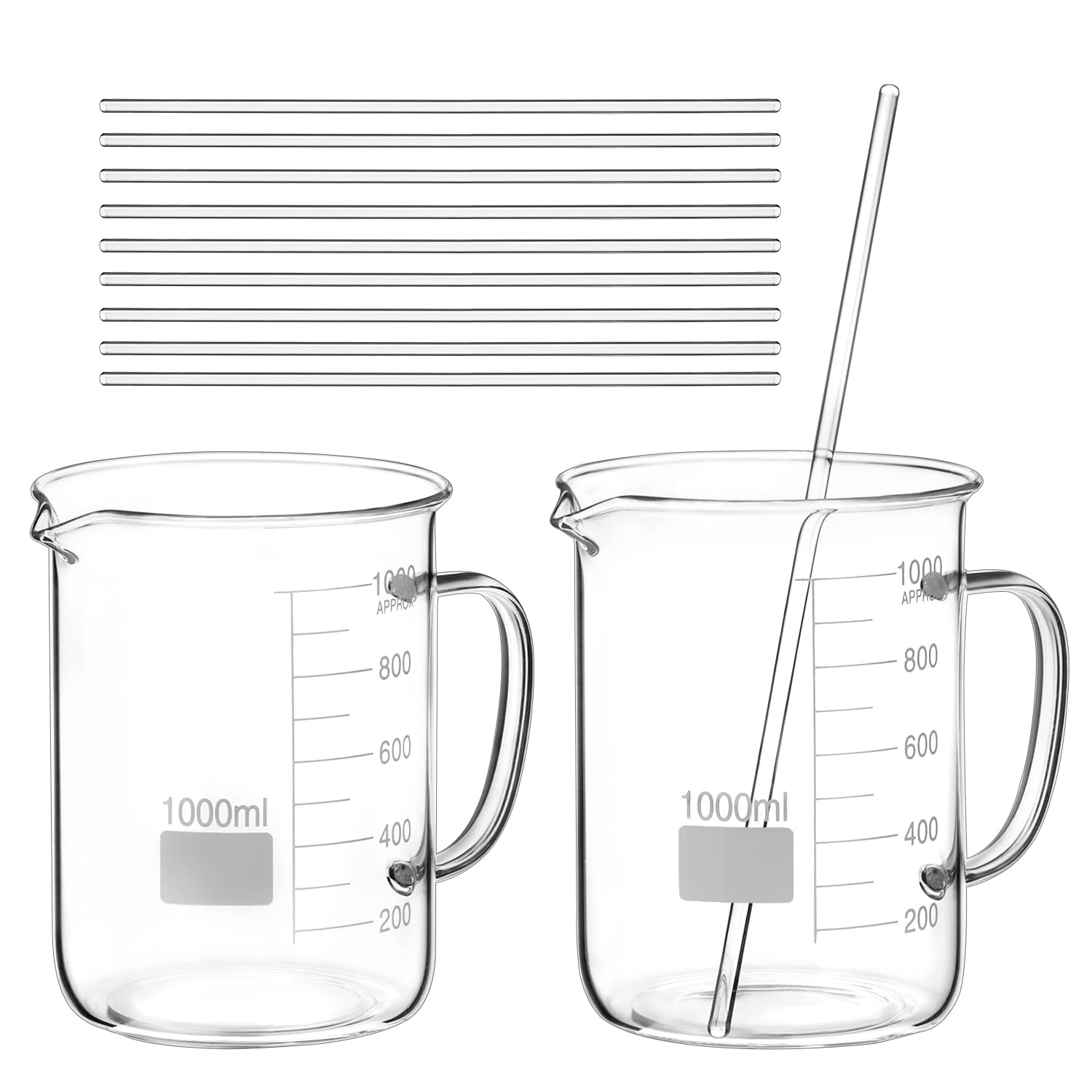 2 Pack 1000ml Borosilicate Glass Beaker with Handle, & 10 Pcs 12" Science Glass Stir Rods, High Temp & Chemical Resistant, Smooth Ends, Precise Scale, for Laboratory and Chemical Use