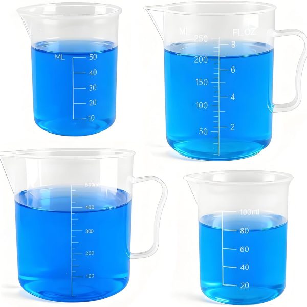 Plastic Beaker 4 Pack, Measuring Cup Set, Includes 50Ml, 100Ml, 250Ml and 500Ml Plastic Liquid Measuring Cups for Lab, Baking, Cooking, Mixing & Measuring Cups, Essential Kitchen Tools