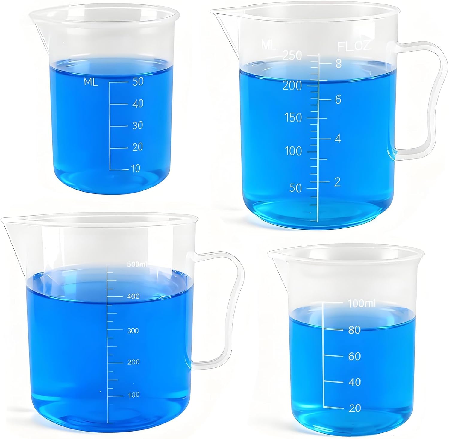 Plastic Beaker 4 Pack, Measuring Cup Set, Includes 50Ml, 100Ml, 250Ml and 500Ml Plastic Liquid Measuring Cups for Lab, Baking, Cooking, Mixing & Measuring Cups, Essential Kitchen Tools