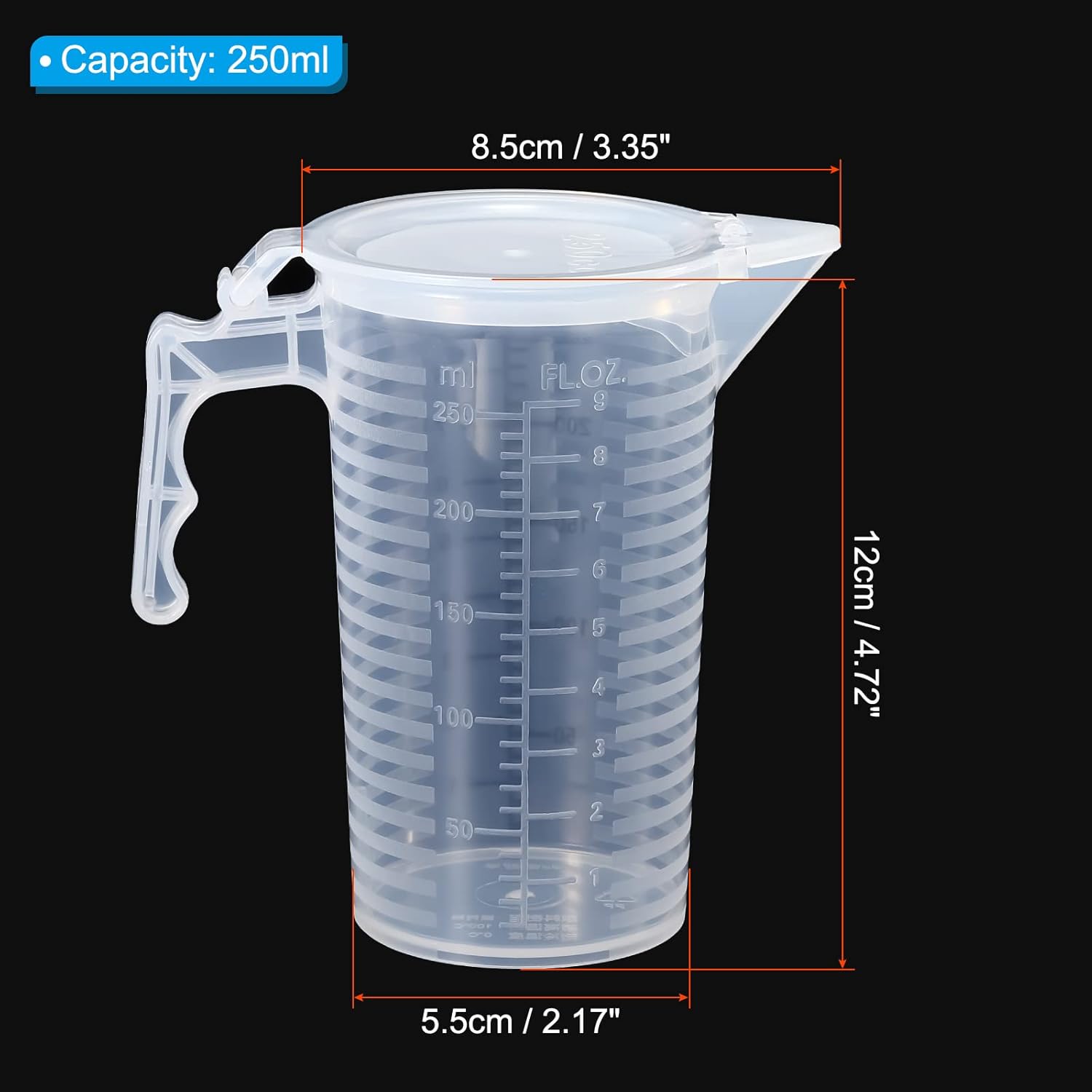 Graduated Beaker, 250ml PP Plastic Liquid Measuring Cup Double Sided Black Graduations with Handle Lid and Spout for Lab Kitchen Home - Image 2