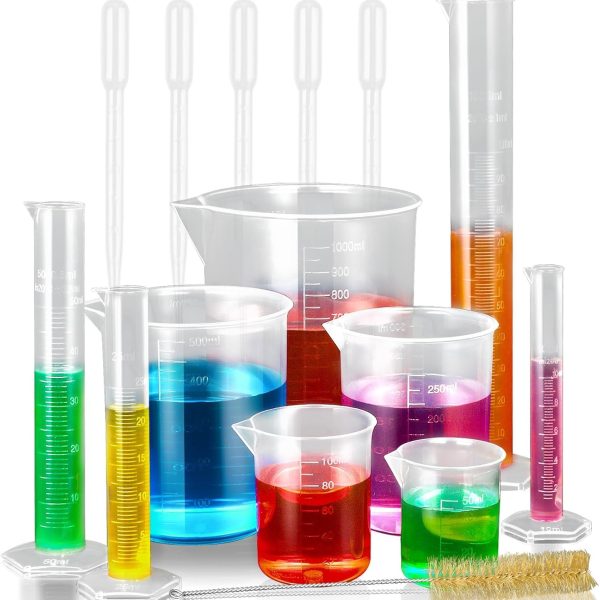 Plastic Graduated Cylinders and Beakers with 5 Pipettes, 10ml 25ml 50ml 100ml Cylinders, 50ml 100ml 250ml 500ml 1000ml Beakers, Ideal for DIY and Kids Science Lab