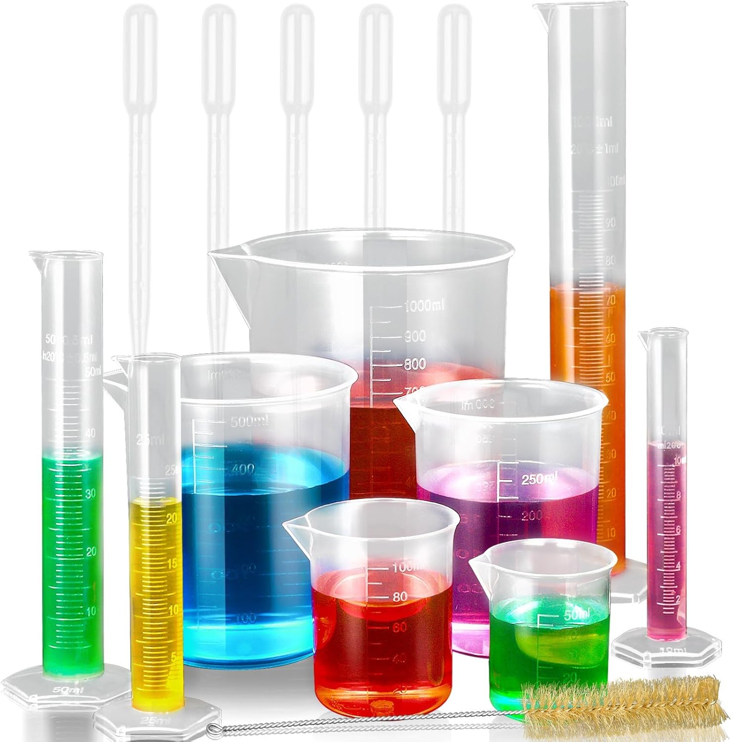 Plastic Graduated Cylinders and Beakers with 5 Pipettes, 10ml 25ml 50ml 100ml Cylinders, 50ml 100ml 250ml 500ml 1000ml Beakers, Ideal for DIY and Kids Science Lab