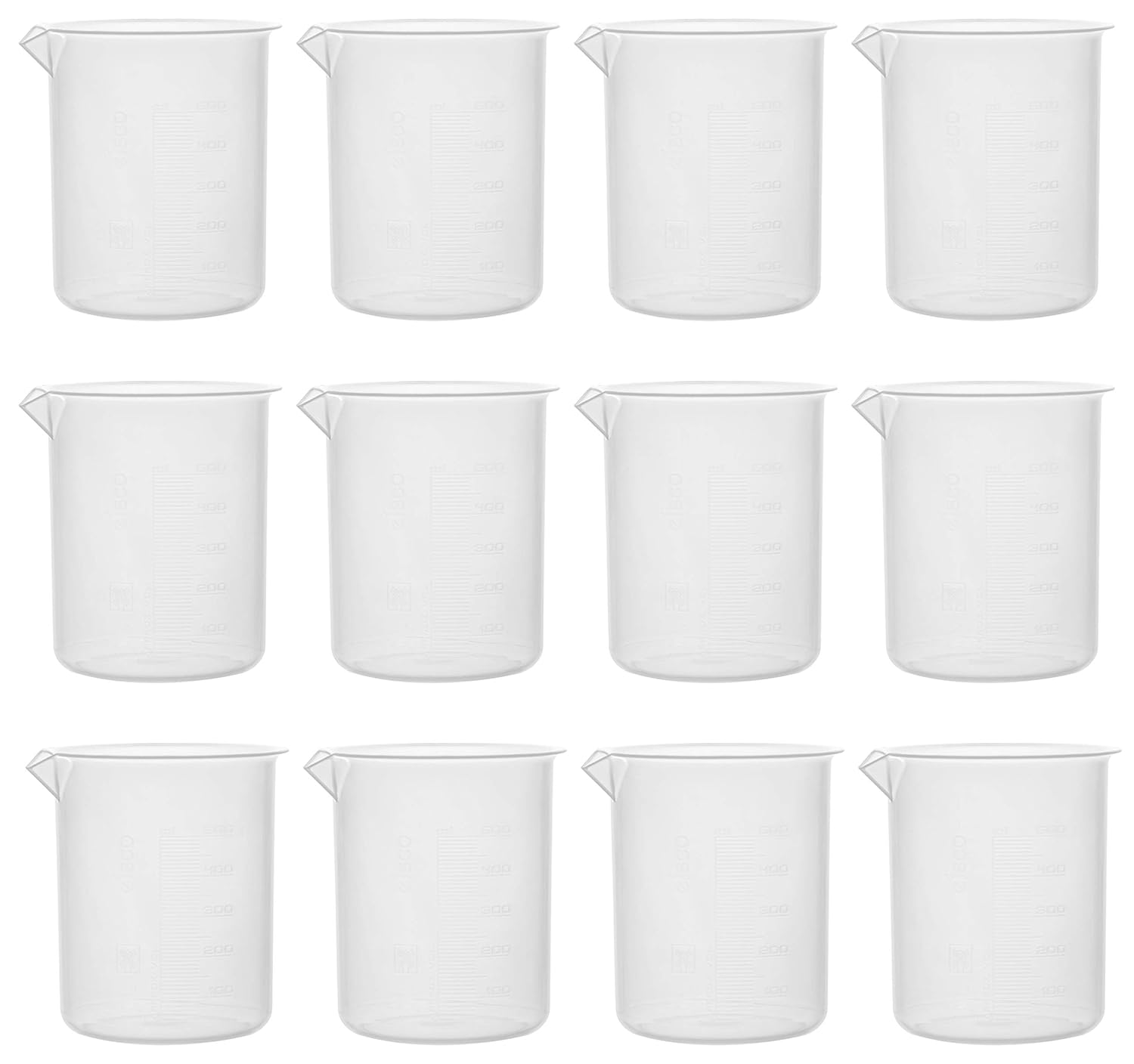 12PK Beakers, 500mL - Premium Polypropylene - 10mL Raised Graduations, Tapered Spout