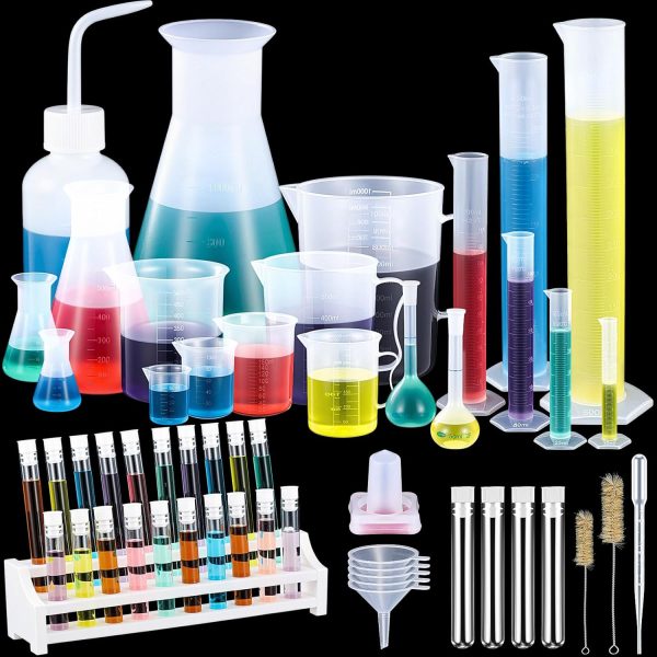 58 Pcs Plastic Beakers Set Include 6 Graduated Cylinder 7 Beakers 6 Flask 10 Droppers 1 Wash Bottle 20 Test Tubes with Rack 2 Brush 5 Funnel for Home Science Lab Party DIY