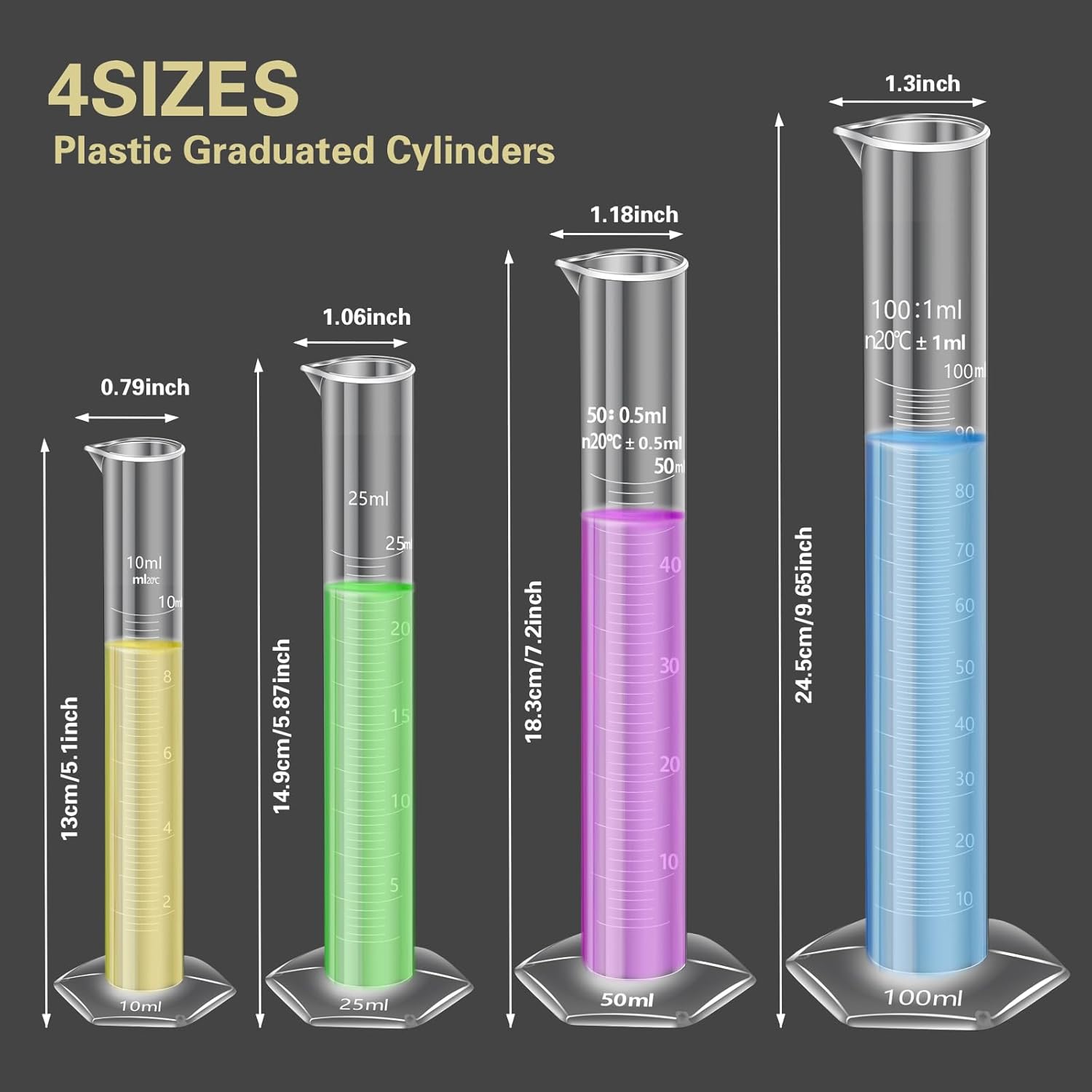 Plastic Graduated Cylinder and Beaker Set, 10ml 25ml 50ml 100ml Graduated Cylinders, 50ml 100ml 250ml 500ml 1000ml Plastic Science Beakers, Ideal for School and Kid Science Lab - Image 2