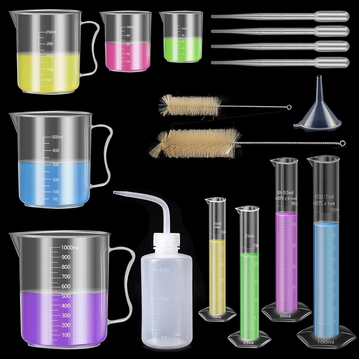 Plastic Graduated Cylinder and Beaker Set, 10ml 25ml 50ml 100ml Graduated Cylinders, 50ml 100ml 250ml 500ml 1000ml Plastic Science Beakers, Ideal for School and Kid Science Lab