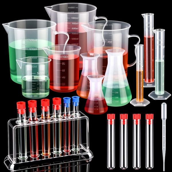 28 Pcs Beakers and Test Tubes Set Including 3 Graduated Cylinder 5 Plastic Beakers 3 Erlenmeyer Flask 10 Droppers 6 Plastic Test Tubes with Rack for Home Science Lab Party DIY