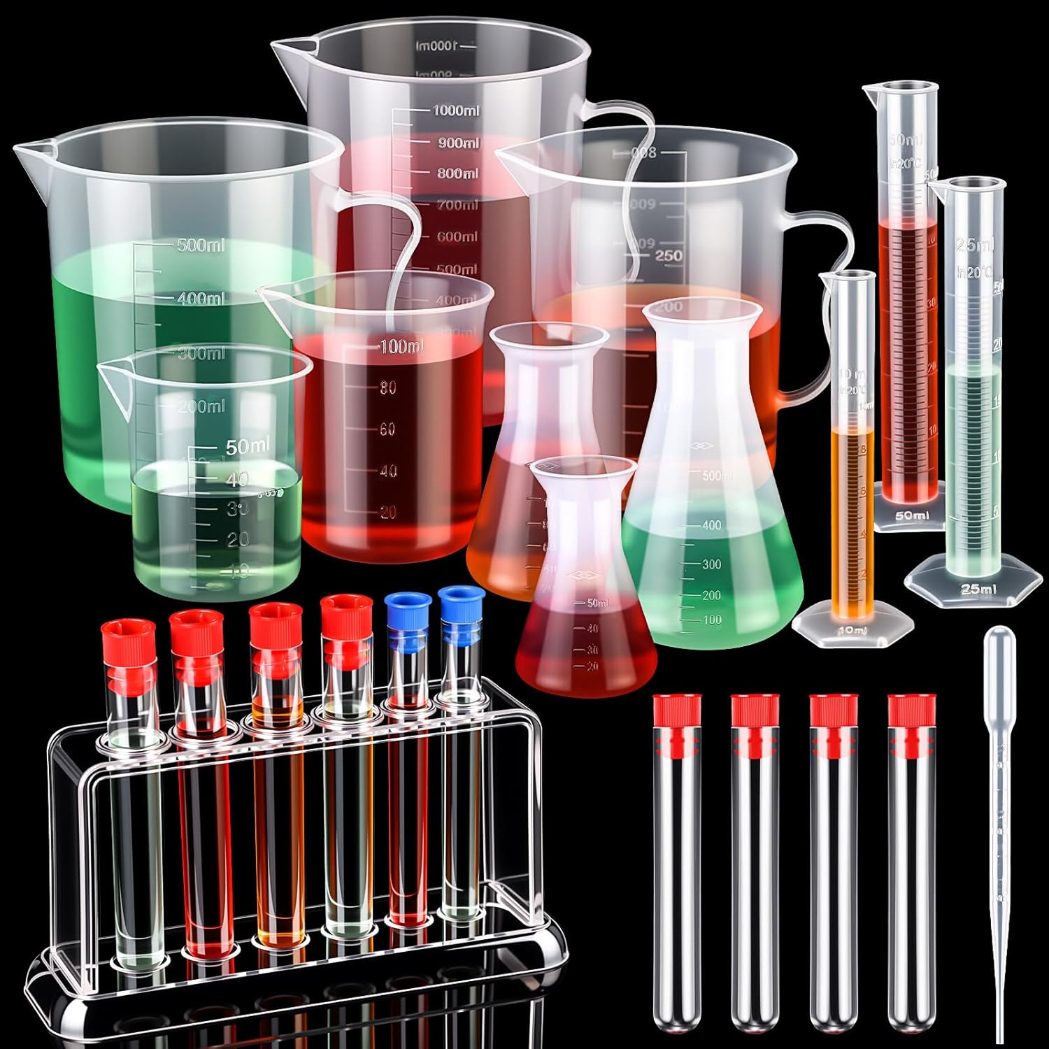 28 Pcs Beakers and Test Tubes Set Including 3 Graduated Cylinder 5 Plastic Beakers 3 Erlenmeyer Flask 10 Droppers 6 Plastic Test Tubes with Rack for Home Science Lab Party DIY