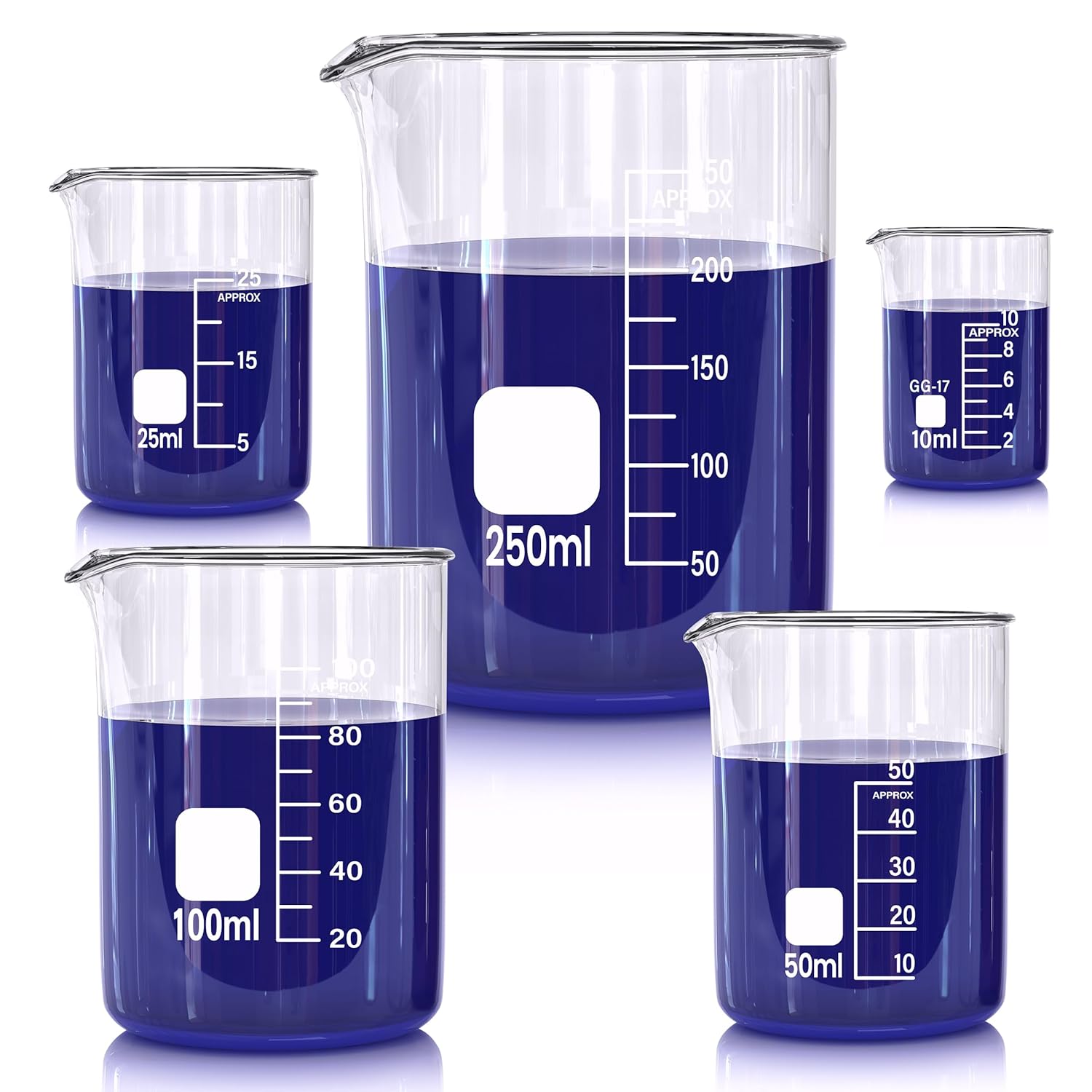 Glass Beakers Set, 5 Sizes - 10ml, 25ml, 50ml, 100ml, 250ml, 3.3 Borosilicate Beaker for Laboratories, Classrooms or Home,