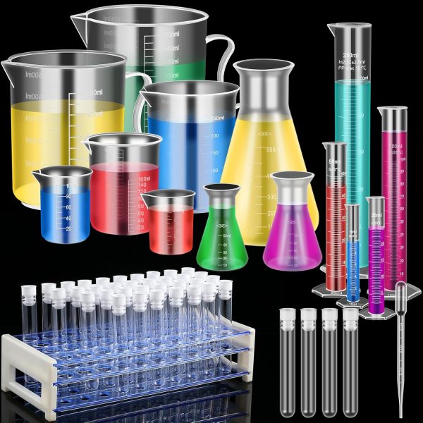 40 Pcs Plastic Test Tubes with Rack 5 Graduated Cylinder 6 Beakers 3 Erlenmeyer Flask 10 Plastic Transfer Pipette for Lab Party DIY