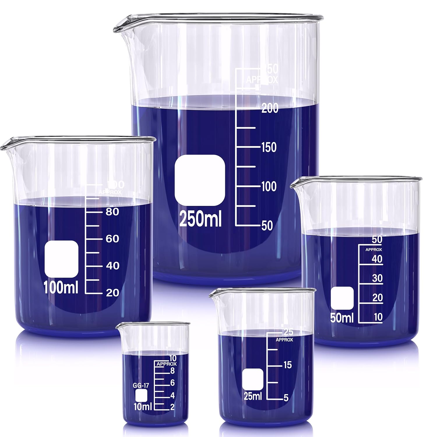Glass Beakers Set, 5 Sizes - 10ml, 25ml, 50ml, 100ml, 250ml, 3.3 Borosilicate Beaker for Laboratories, Classrooms or Home, - Image 2